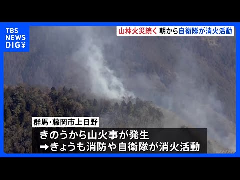 群馬・藤岡市の山火事 消火活動続く　雨ほとんど降らず林野火災注意報も｜TBS NEWS DIG