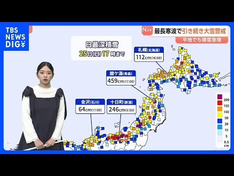“最長寒波”あす（26日）にかけ大雪に警戒　青森・酸ケ湯では4メートル超の積雪　金沢で64センチ 札幌で112センチな…