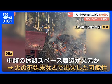 山梨･上野原市の山林火災 発生4日目も鎮圧のめど立たず　火元は登山道の休憩スペース周辺か｜TBS NEWS DIG