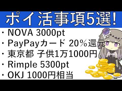 【ポイ活事項5選】NOVA 3000pt/PayPayカード 20％還元/東京都 子育て支援 1万1000円/Rimp… サムネイル