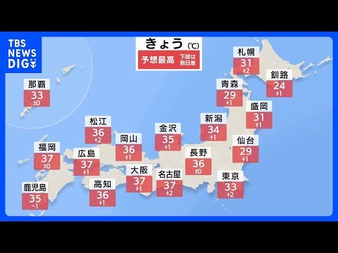 猛暑続く　関東は変わりやすい天気で蒸し暑さアップ　台風13号は大東島地方接近へ｜TBS NEWS DIG サムネイル